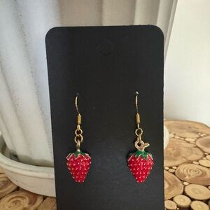 Strawberry Drop Earrings - Red & Green Enamel